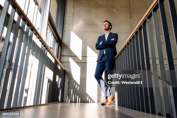 businessman standing in staircase - low angle view of silhouette palm trees against sky stockfoto's en -beelden