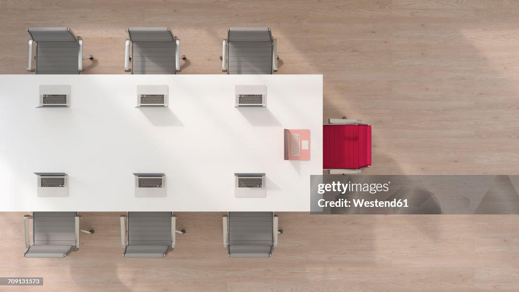 Conference room with one chair and laptop standing out from the crowd, 3d rendering