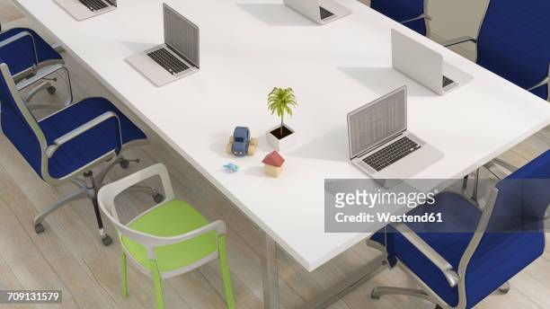 conference table with laptops and family and vacation items, 3d rendering - spielzeugauto stock-grafiken, -clipart, -cartoons und -symbole