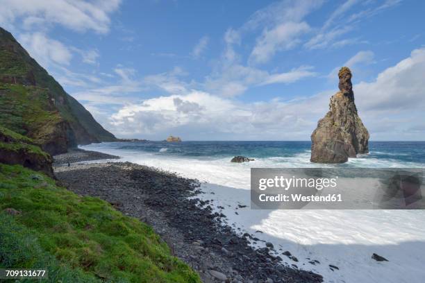 portugal, madeira, rock formation ilheus da ribeira da janela on the north coast - janela stock pictures, royalty-free photos & images