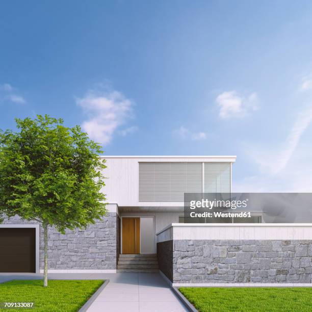 modern one-family house, 3d rendering - im freien stock-grafiken, -clipart, -cartoons und -symbole