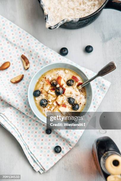 vegan coconut milk porridge with blueberries, apple, brazil nuts and cinnamon - coconut milk stock pictures, royalty-free photos & images