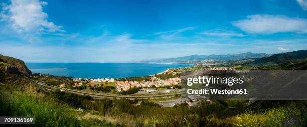 italy, sicily, oliveri, view to the bay of messina - messina stock pictures, royalty-free photos & images