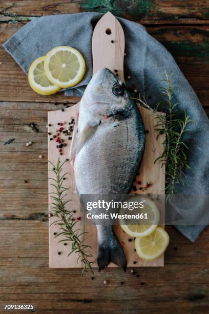 sea bream on a wooden board with pepper and rosemary - sea bream imagens e fotografias de stock