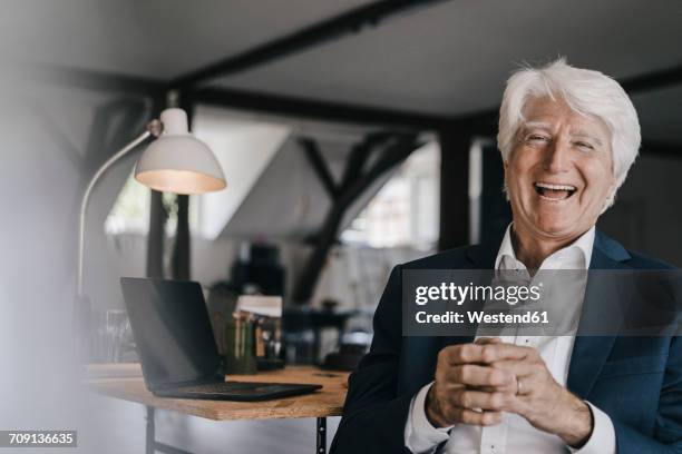 portrait of laughing senior businessman in his office - rentner mann allein lustig stock-fotos und bilder