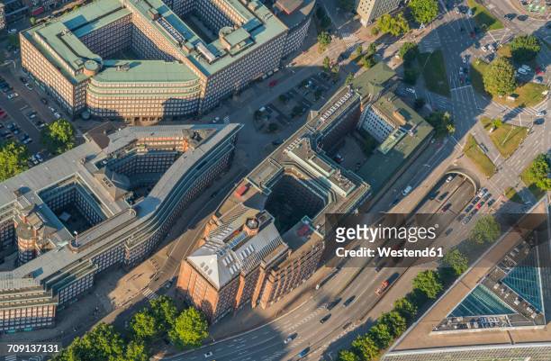 germany, hamburg, aerial view of mitte and kontorhaus quarter with chile house and sprinkenhof - berlin aerial stock pictures, royalty-free photos & images