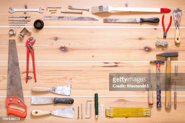 various tools on wood - knolling tools stock pictures, royalty-free photos & images
