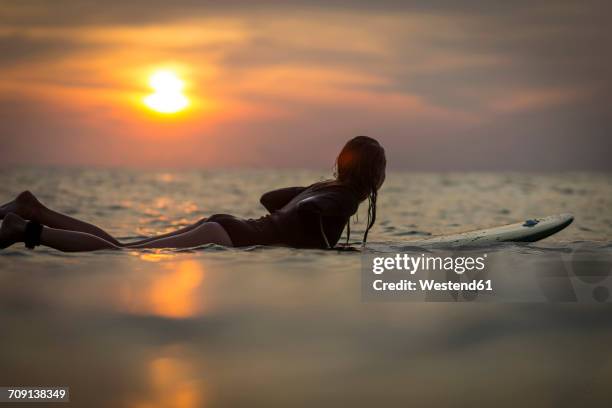 indonesia, bali, female surfer in the ocean at sunset - lying on back photos et images de collection