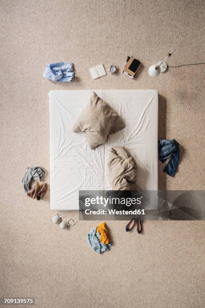 rumpled bed, top view - bed above stock pictures, royalty-free photos & images