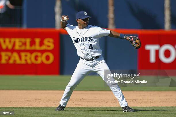 Angelo Jimenez of the San Diego Padres throws the ball during their game against the Milwaukee Brewers on June 2, 2002 at Qualcomm Stadium, in San...
