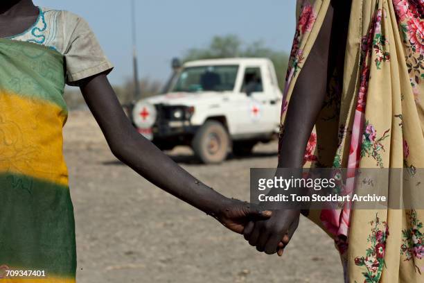 Children hold hands while collecting water at Wara village in Pariang County, Unity State, South Sudan where the International Committee of the Red...