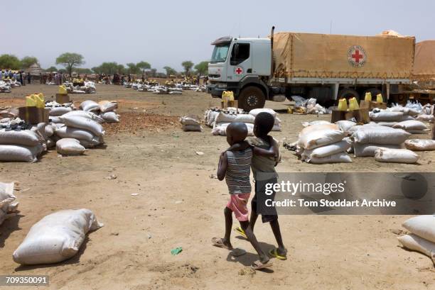 Scene in Abathok village during an International Committee of the Red Cross distribution of seeds, agricultural tools and food staples to households...