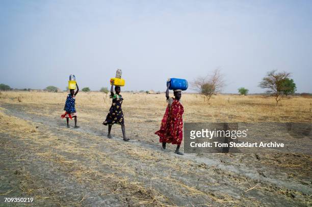 Women and children collect water at Wengoth village in Pariang County in Unity State, South Sudan where the International Committee of the Red Cross...