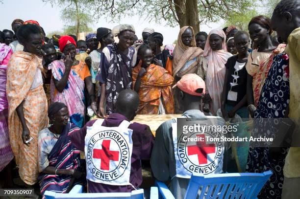Scene in Abathok village during an International Committee of the Red Cross distribution of seeds, agricultural tools and food staples to households...