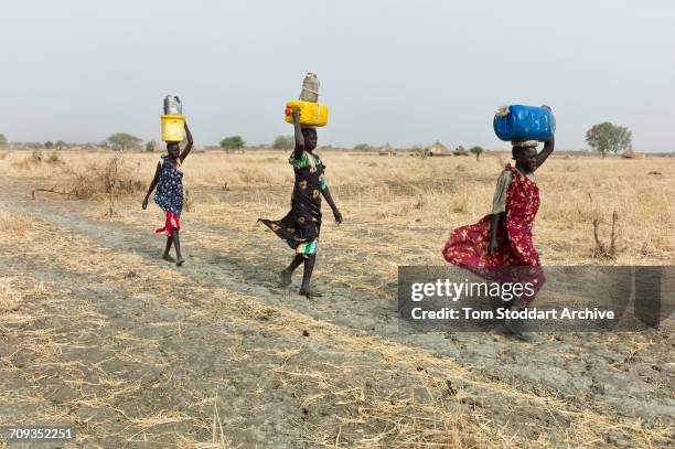 Women and children collect water at Wengoth village in Pariang County in Unity State, South Sudan where the International Committee of the Red Cross...