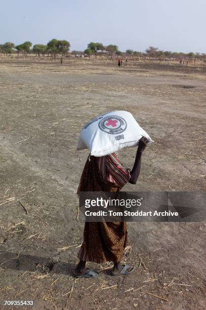 Woman carries a bag home during an International Committee of the Red Cross distribution of seeds, agricultural tools and food staples to households...