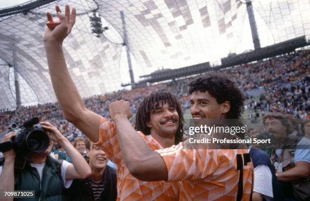 Netherlands football team captain Ruud Gullit and Frank Rijkaard celebrate in the Olympiastadion after Netherlands beat the Soviet Union 2-0 to...