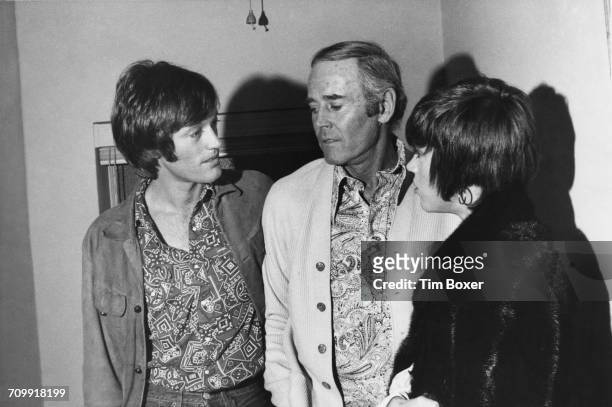 American actors Peter Fonda and Jane Fonda, visiting their father, Henry Fonda in his dressing room, backstage at the ANTA Playhouse in New York...