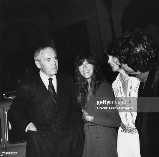American actors Henry Fonda with his daughter, Jane Fonda, his fifth wife, Shirlee Mae Adams, and Jane's husband, Tom Hayden, June 1974. They are...