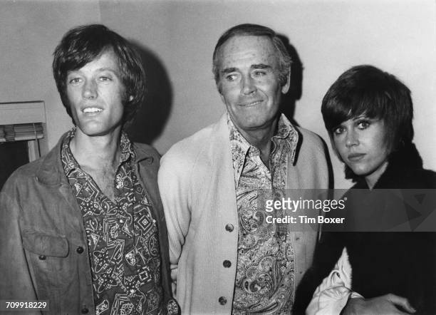 American actors Peter Fonda and Jane Fonda, visiting their father, Henry Fonda in his dressing room, backstage at the ANTA Playhouse in New York...