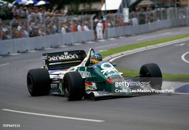 Gerhard Berger of Austria, driving a Benetton B186 with a BMW M12/13 1.5 L4t engine for Benetton Formula Ltd, enroute to placing sixth during the...