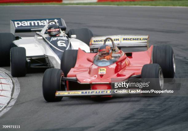 Gilles Villeneuve of Canada in action, driving a Ferrari 312T5 with a Ferrari Flat-12 engine for Team Scuderia Ferrari ahead of Hector Rebaque in the...