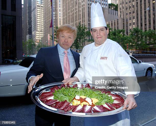 John, a Donald Trump impersonator, and Embassy Suites Battery Park Hotel Chef Scott Gorman pose with "The Domelet" outside Trump Tower on May 21,...