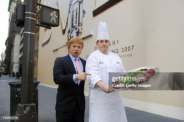 John, a Donald Trump impersonator, and Embassy Suites Battery Park Hotel Chef Scott Gorman pose with "The Domelet" outside Trump Tower on May 21,...