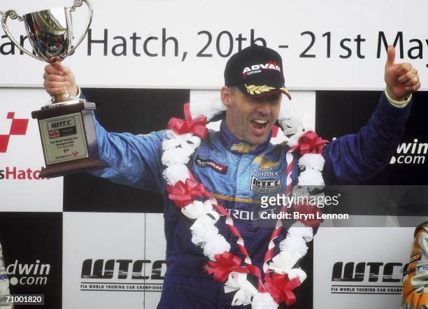 Alain Menu of Switzerland and Chevrolet celebrates winning race 2 of the FIA World Touring Car Championship on May 21, 2006 at Brands Hatch, England.