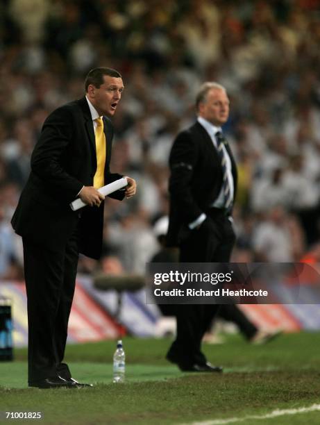 Adrian Boothroyd the Watford Manger And Kevin Blackwell the Leeds Manager look on during the Coca-Cola Championship Playoff Final between Leeds...