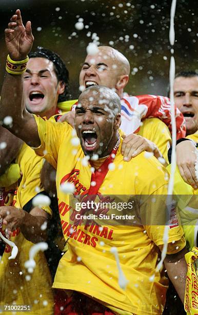 Marlon King of Watford celebrates with teammates following his side's victory during the Coca-Cola Championship Playoff Final between Leeds United...