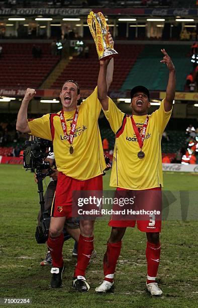 Malky Mackay and Jordan Stewart of Watford celebrate with the trophy following their team's victory during the Coca-Cola Championship Playoff Final...