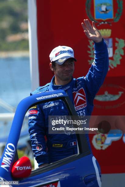 Sebastien Loeb driver of the Citroen Xsara WRC stands on the Podium during Leg 3 of the Rally of Italy Sardegna on May 21, 2006 in Olbia, Sardinia,...