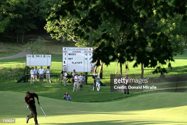 Tiger Woods celebrates after his putt during the PGA Championship, part of the PGA Tour at the Valhalla Golf Club in Louisville, Kentucky.Mandatory...