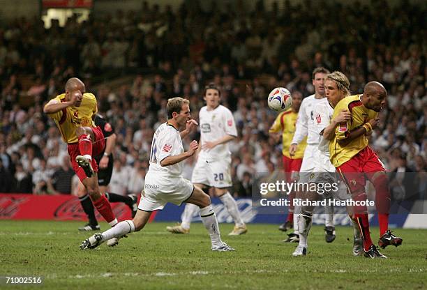 James Chambers of Watford scores the 2nd goal during the Coca-Cola Championship Playoff Final between Leeds United and Watford at the Millennium...