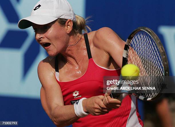 Martina Sucha of Slovakia returns a ball to Meghan Shaughnessy 21 May 2006 in the 145,000 dollar clay court WTA Rabat Open in Rabat. Shaughnessy beat...