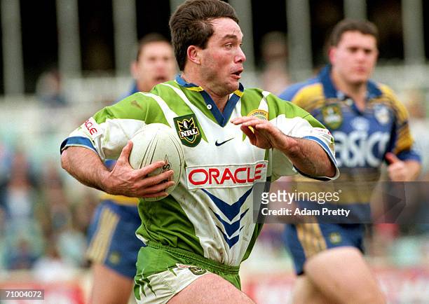 Bradley Clyde of the Raiders makes a break during a NRL match between the Parramatta Eels and the Canberra Raiders at Parramatta Stadium 1998, in...