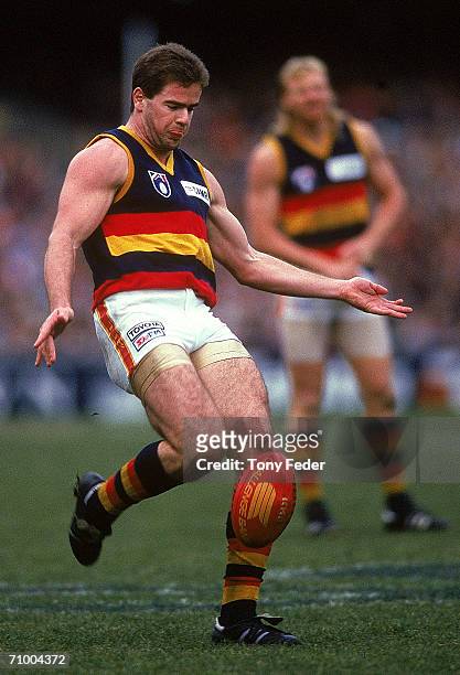 Mark Ricciuto of the Crows gets a kick away during a AFL match between the Essendon Bombers and the Adelaide Crows in Melbourne, Australia.
