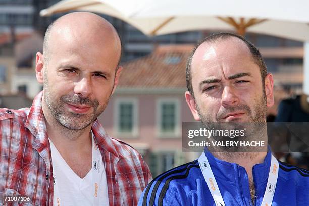 French director Philippe Parreno and British film-maker Douglas Gordon pose on the Terrace of the Camera d'Or during the 59th edition of the...