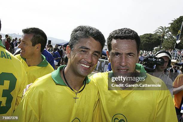 Former Brazilian footballers Bebeto and Careca take part in a 5-a-side celebrity football tournament promoting the documentary 'Pure Spirit of...