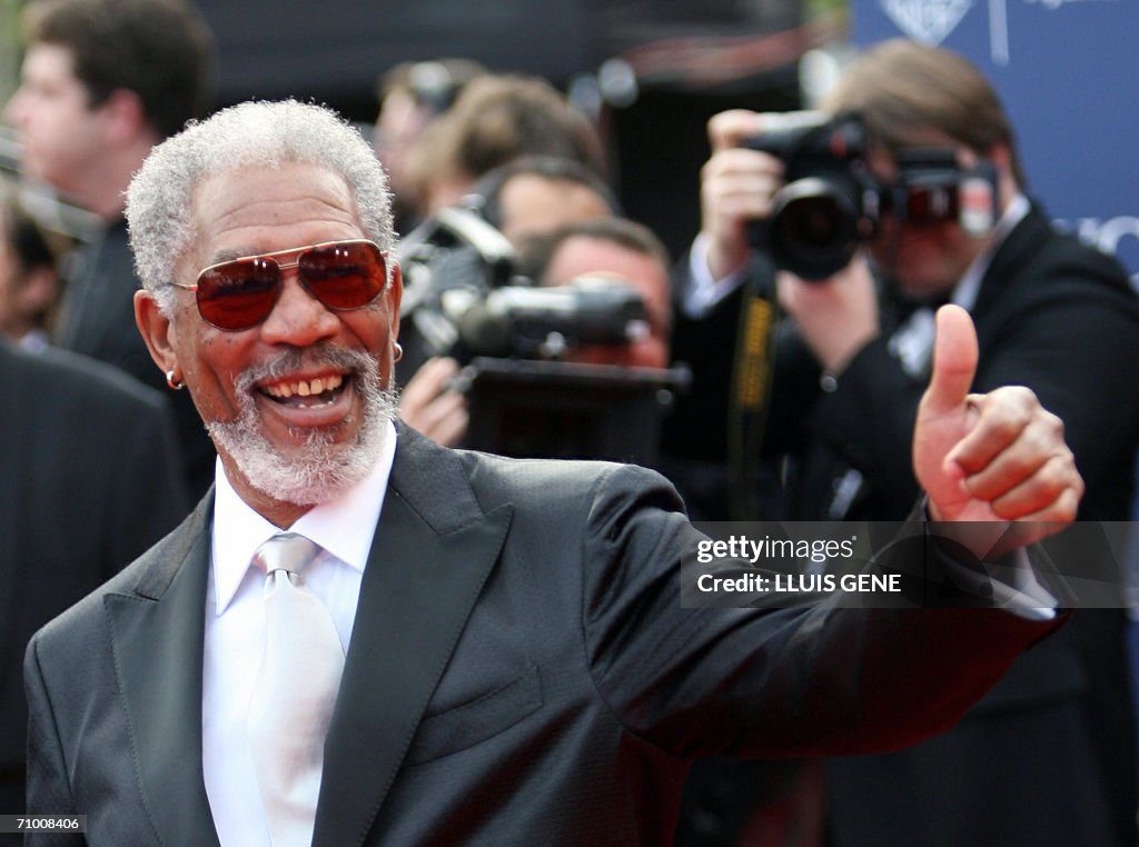 US actor Morgan Freeman gives a thumbs u