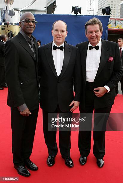 Laureus Academy Chairman Edwin Moses , Prince Albert of Monaco and Chairman of Richemont, Johann Ruper at the Laureus World Sports Awards held at the...