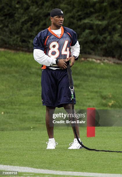 Wide receiver Javon Walker of the Denver Broncos works with a bungee cord during spring minicamp May 22, 2006 at the Paul D. Bowlen Memorial Broncos...