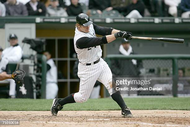 Infielder Joe Crede of the Chicago White Sox swings at a Chicago Cubs pitch on May 19, 2006 at U.S. Cellular Field in Chicago, Illinois. The White...