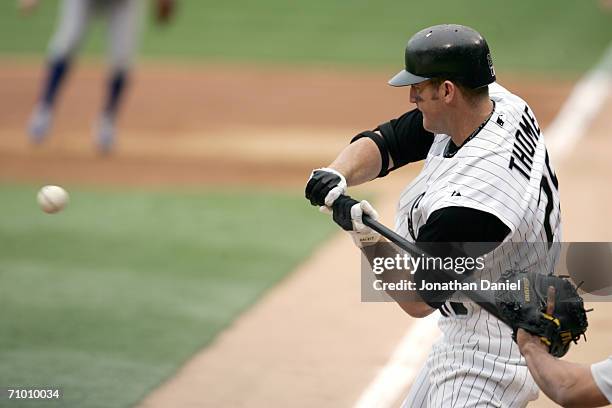 Infielder Jim Thome of the Chicago White Sox swings at a Chicago Cubs pitch on May 19, 2006 at U.S. Cellular Field in Chicago, Illinois. The White...