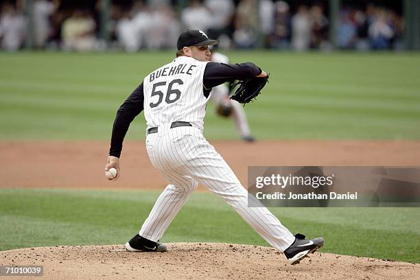 Pitcher Mark Buehrle of the Chicago White Sox delivers a pitch against the Chicago Cubs on May 19, 2006 at U.S. Cellular Field in Chicago, Illinois....