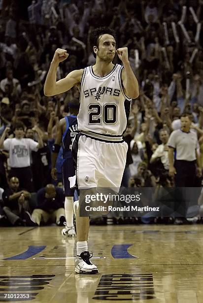 Manu Ginobili of the San Antonio Spurs celebrates after he made a 3-point shot with 32 seconds left in the fourth quarter to put the Spurs up 104-101...