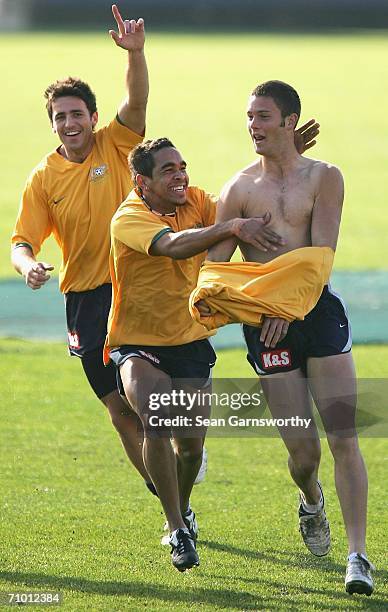 Eddie Betts and Jake Edwards of the Carlton Blues celebrate a soccer goal during a training session at the MC Labour Park May 23, 2006 in Melbourne,...