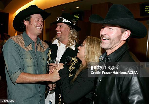 Musician Blake Shelton, Ira Dean, Heidi Newfield and Keith Burns of Trick Pony backstage during the Academy Of Country Music New Artists' Show held...