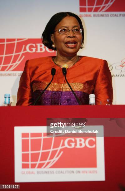 Graca Machel, wife of Nelson Mandela, gives a speech during the Annual Global Business Coalition on HIV/AIDS Excellence Gala reception on May 22,...